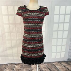 Vanessa Virginia Jinete Knit Ikat Zigzag Print Pompom Fringe Red Black Dress 4